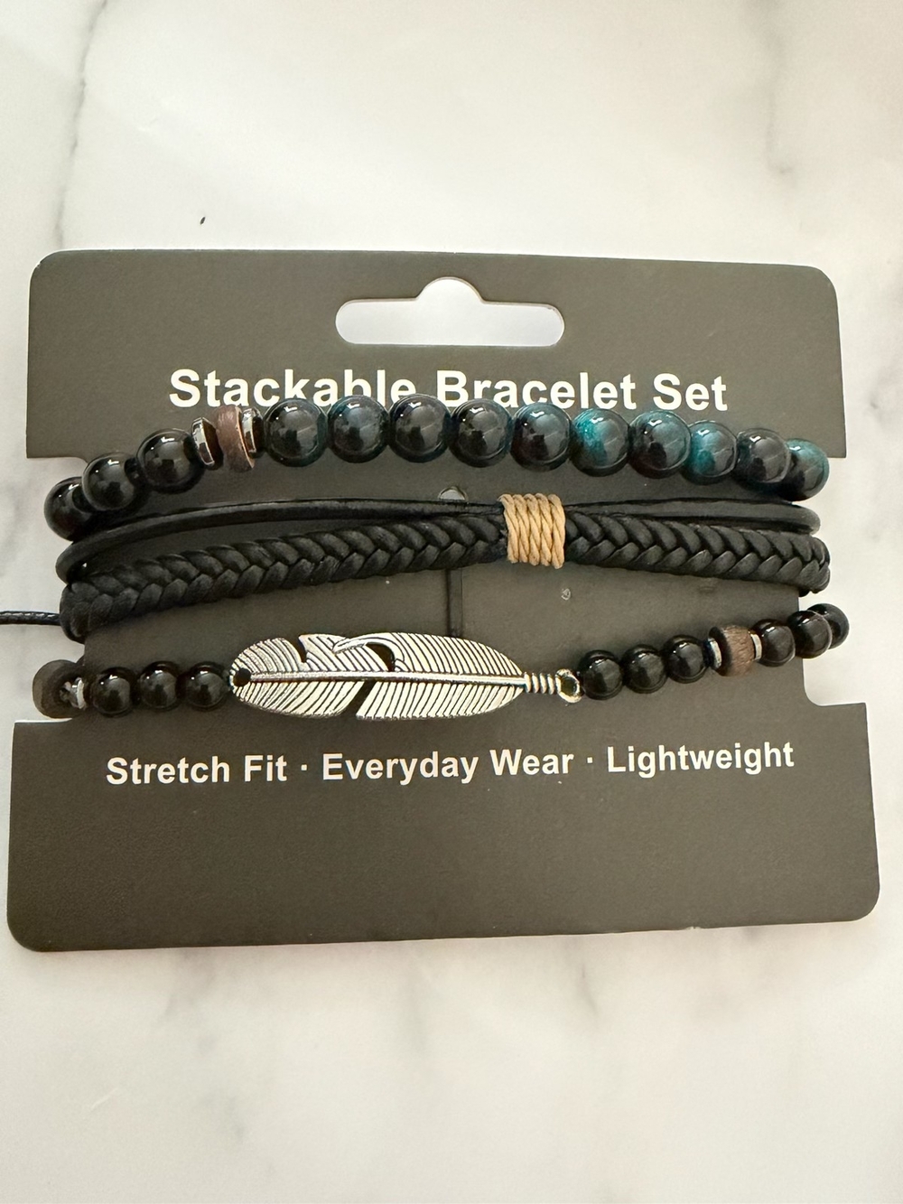 Stackable Black Bead & Leather Bracelet Set - Feather Charm